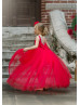 Beaded Red Satin Tulle V Back High Low Flower Girl Dress
